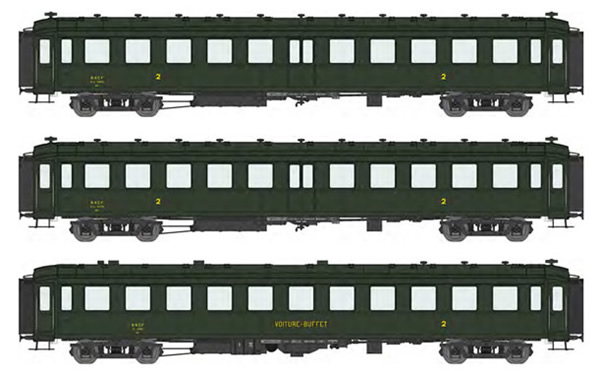 REE Modeles VB-371 - French SNCF Set of three BACALAN Coaches (2 x 2nd classe B11myfi 54820, 54759 + 1 x Buffet B3r 5486